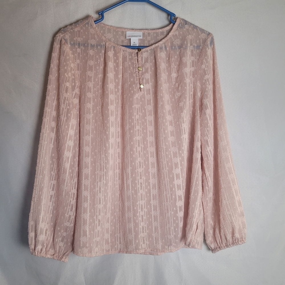 Liz Claiborne Pink Cottagecore Semi Sheer Blouse Size Petite Large